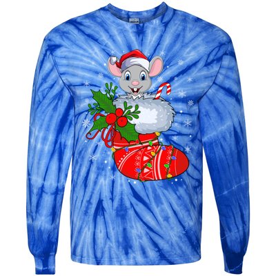 Funny Mouse In Christmas Socks Santa Mouse Xmas Gift Tie-Dye Long Sleeve Shirt