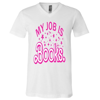 Funny My Job Is Books Retro Pink Style Reading Books lover V-Neck T-Shirt