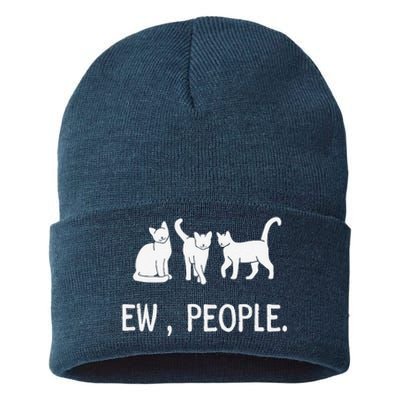 Funny Meow Kitty Black Cat Funny Ew People Meowy Cat Lovers Sustainable Knit Beanie