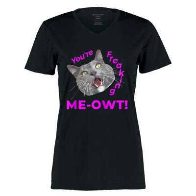 Freaking Meowt Kitten Me Right Meow Meme Funny Cat Pun Raglan Women's Momentum V-Neck T-Shirt