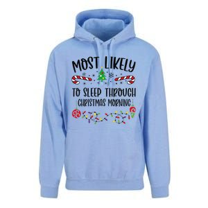 Funny Most Likely To Sleep Through Christmas Morning Funny Christmas Family Mat Unisex Surf Hoodie