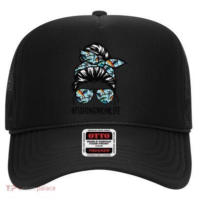 Fishing Mom Life Messy Bun Mom Funny Fishing Mom High Crown Mesh Back Trucker Hat