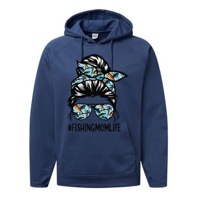 Fishing Mom Life Messy Bun Mom Funny Fishing Mom Performance Fleece Hoodie