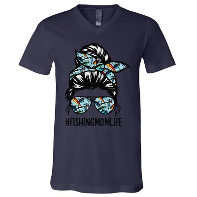 Fishing Mom Life Messy Bun Mom Funny Fishing Mom V-Neck T-Shirt