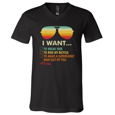 Funny Music Lover Gift Bicycle Costume I Want It All V-Neck T-Shirt