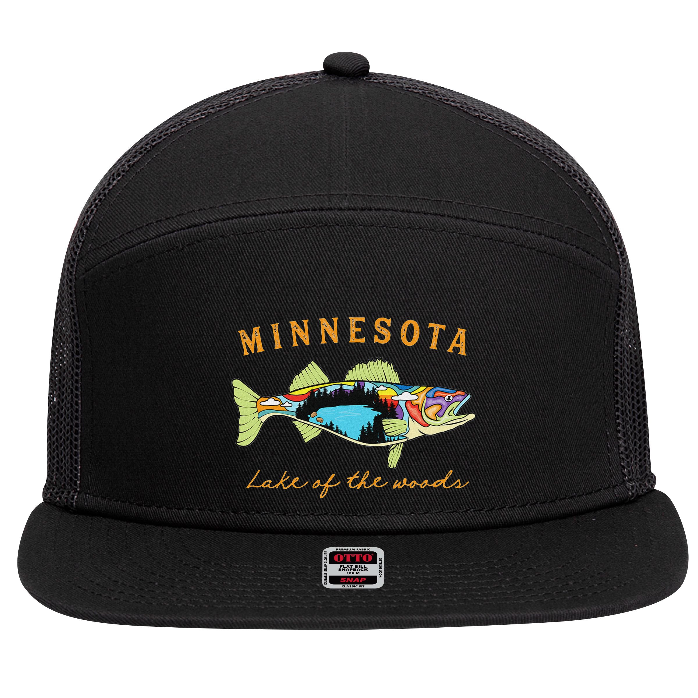 Fisherman Minnesota Lake Of The Woods Fisher Walleye Fishing 7 Panel Mesh Trucker Snapback Hat