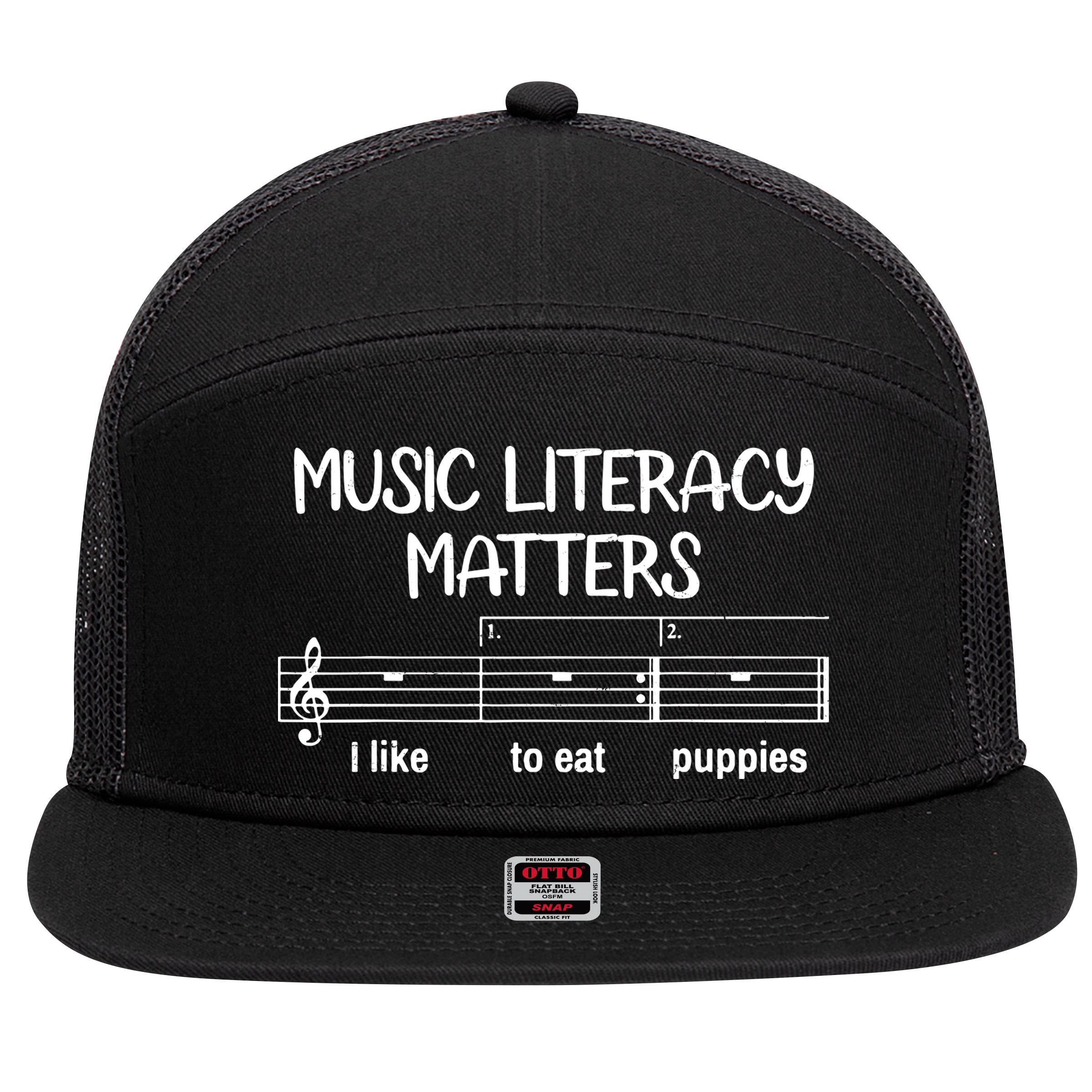 Funny Music Literacy Matters I Like To Eat Puppies 7 Panel Mesh Trucker Snapback Hat