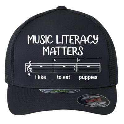 Funny Music Literacy Matters I Like To Eat Puppies Flexfit Unipanel Trucker Cap