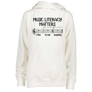 Funny Music Literacy Matters I Like To Eat Puppies Womens Funnel Neck Pullover Hood