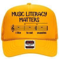 Funny Music Literacy Matters I Like To Eat Puppies High Crown Mesh Back Trucker Hat