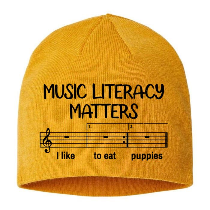 Funny Music Literacy Matters I Like To Eat Puppies Sustainable Beanie