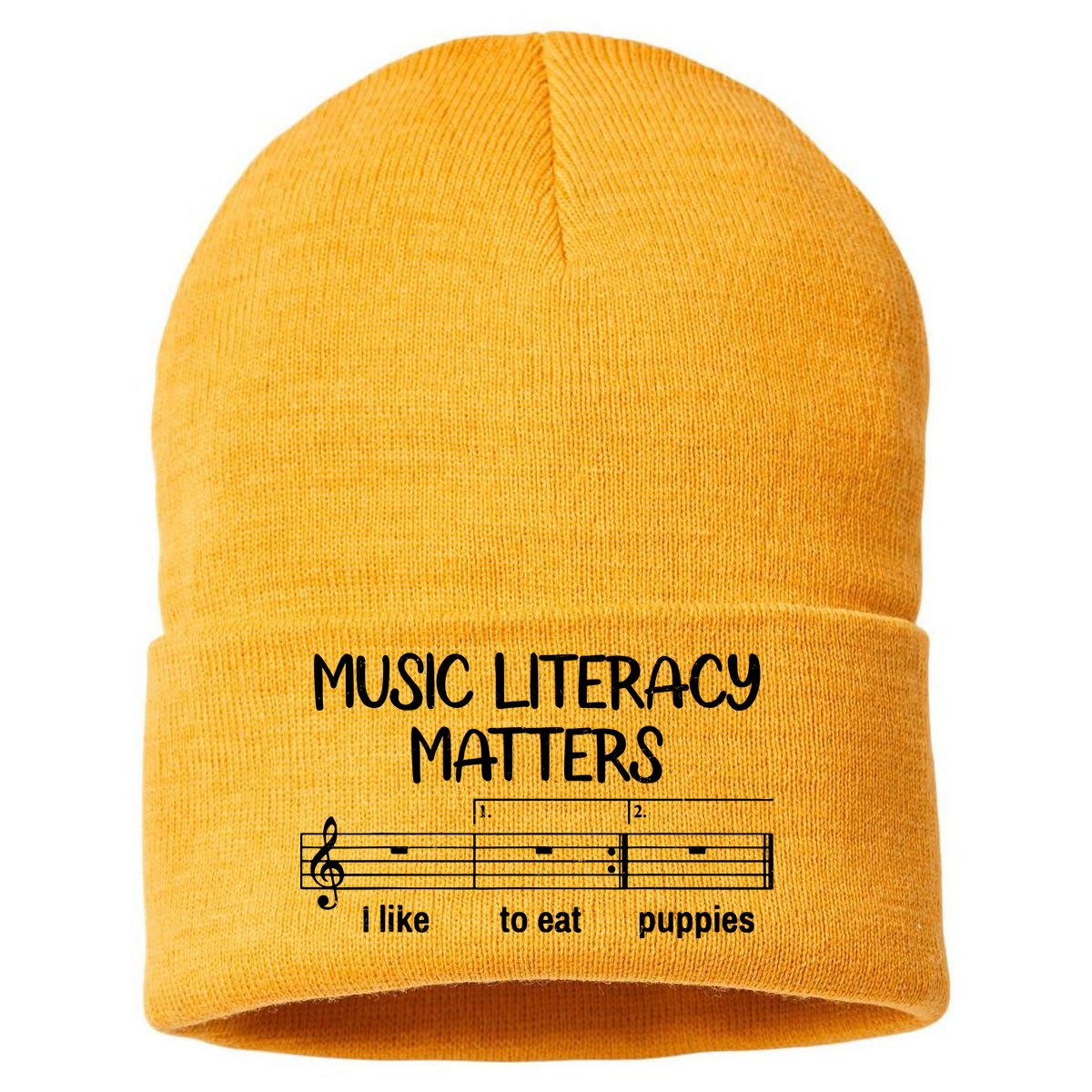 Funny Music Literacy Matters I Like To Eat Puppies Sustainable Knit Beanie