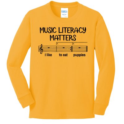 Funny Music Literacy Matters I Like To Eat Puppies Kids Long Sleeve Shirt