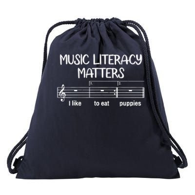 Funny Music Literacy Matters I Like To Eat Puppies Drawstring Bag