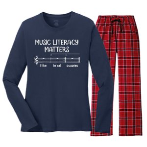 Funny Music Literacy Matters I Like To Eat Puppies Women's Long Sleeve Flannel Pajama Set 