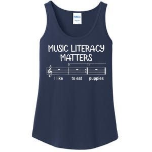 Funny Music Literacy Matters I Like To Eat Puppies Ladies Essential Tank