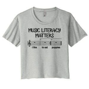 Funny Music Literacy Matters I Like To Eat Puppies Women's Crop Top Tee