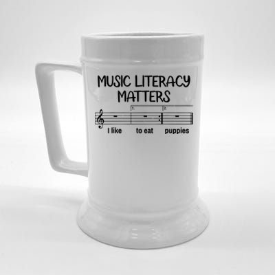 Funny Music Literacy Matters I Like To Eat Puppies Beer Stein