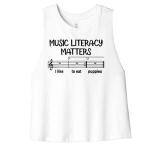 Funny Music Literacy Matters I Like To Eat Puppies Women's Racerback Cropped Tank