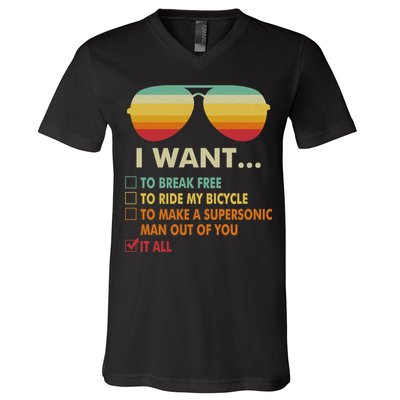 Funny Music Lover Gift Bicycle Costume I Want It All V-Neck T-Shirt