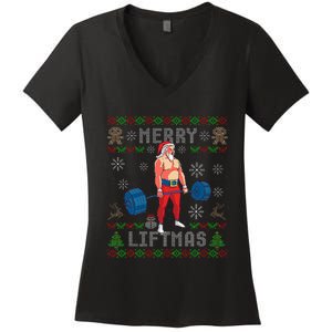 Funny Merry Liftmas Ugly Christmas Workout Powerlifting Women's V-Neck T-Shirt