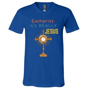 Front My Lord Monstrance Back Eucharist ItS Really Jesus V-Neck T-Shirt