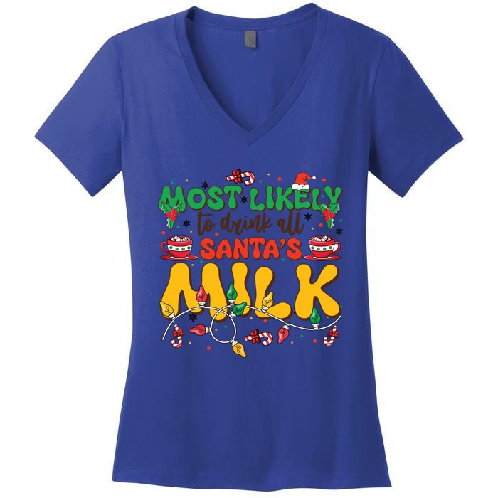 Funny Most Likely To SantaS Milk Christmas Gift Women's V-Neck T-Shirt