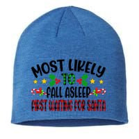Funny Most Likely To Fall Asleep First Waiting For Santa Cool Gift Sustainable Beanie