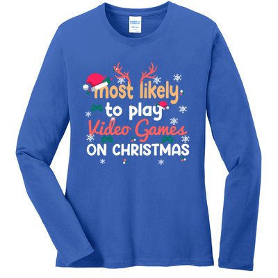 Funny Most Likely To Play Video Games On Christmas Family Cute Gift Ladies Long Sleeve Shirt