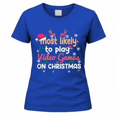 Funny Most Likely To Play Video Games On Christmas Family Cute Gift Women's T-Shirt