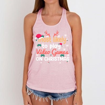 Funny Most Likely To Play Video Games On Christmas Family Cute Gift Women's Knotted Racerback Tank