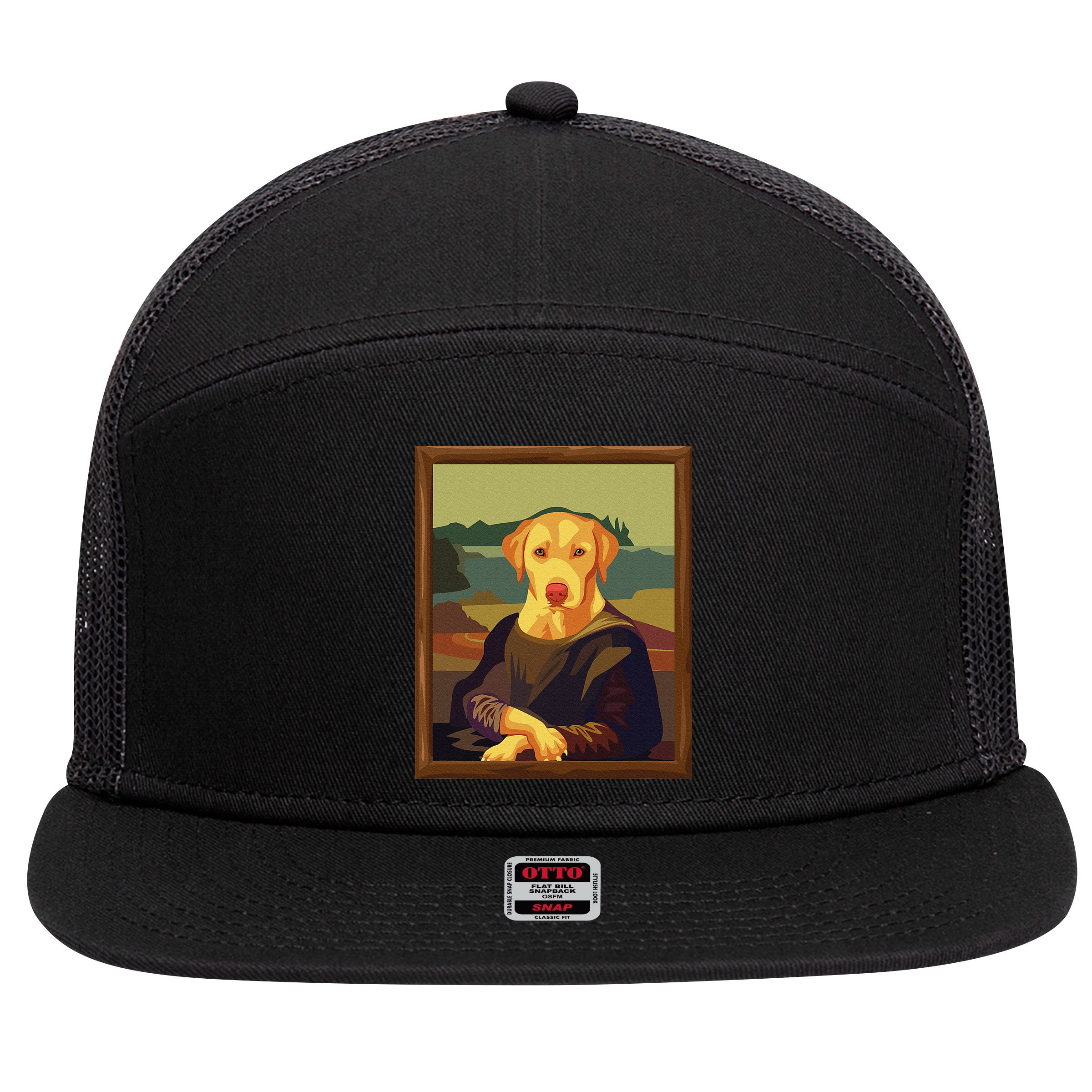 Funny Mona Lisa Yellow Lab Dog Art Parody 7 Panel Mesh Trucker Snapback Hat