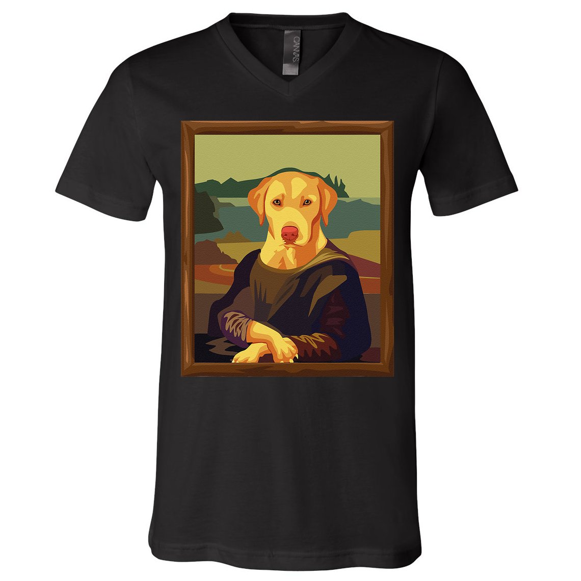 Funny Mona Lisa Yellow Lab Dog Art Parody V-Neck T-Shirt