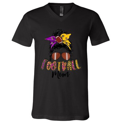 Football Mom Life Leopard Messy Bun Player V-Neck T-Shirt