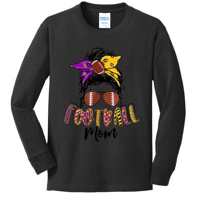 Football Mom Life Leopard Messy Bun Player Kids Long Sleeve Shirt