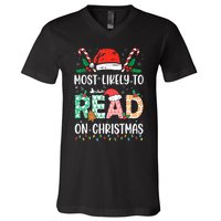 Funny Most Likely To Read Books On Christmas Funny Christmas V-Neck T-Shirt