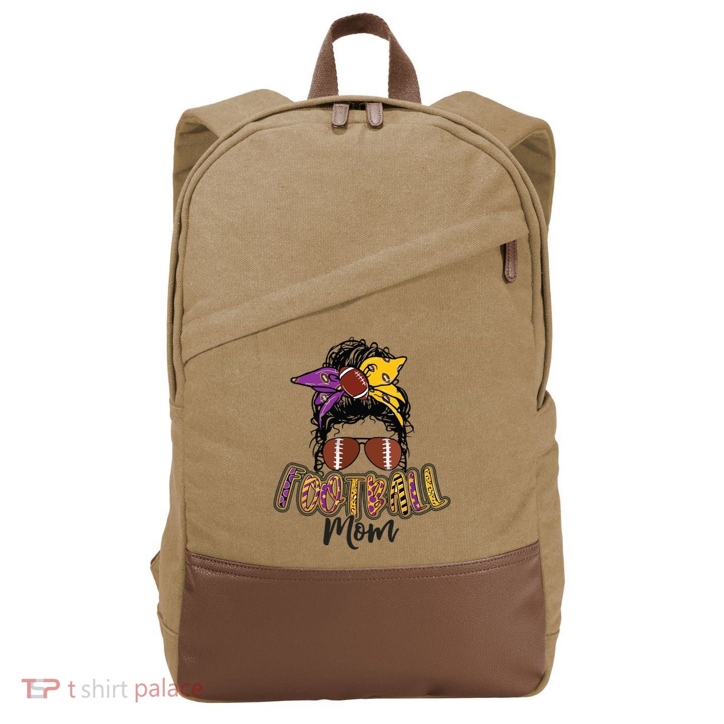 Football Mom Life Leopard Messy Bun Player Cotton Canvas Backpack