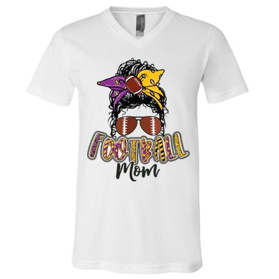 Football Mom Life Leopard Messy Bun Player V-Neck T-Shirt
