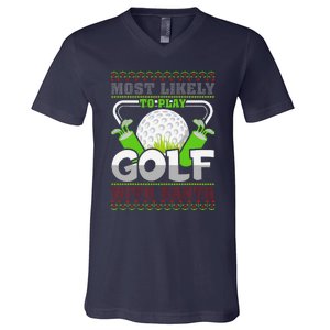 Funny Most Likely To Play Golf With Santa Matching Christmas V-Neck T-Shirt