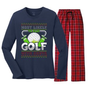 Funny Most Likely To Play Golf With Santa Matching Christmas Women's Long Sleeve Flannel Pajama Set 