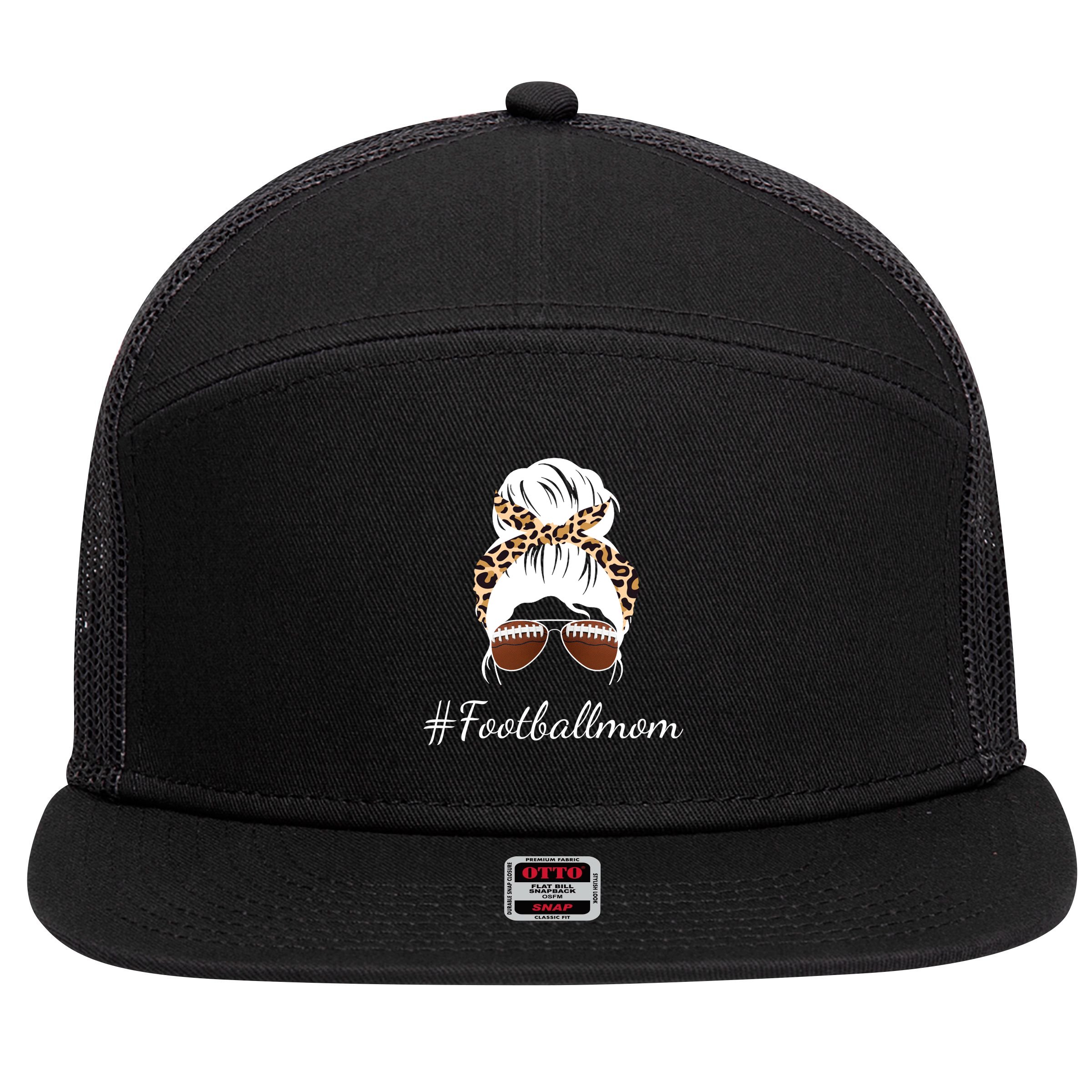 Football Mom Leopard And Messy Bun 7 Panel Mesh Trucker Snapback Hat