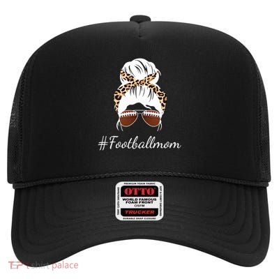 Football Mom Leopard And Messy Bun High Crown Mesh Back Trucker Hat
