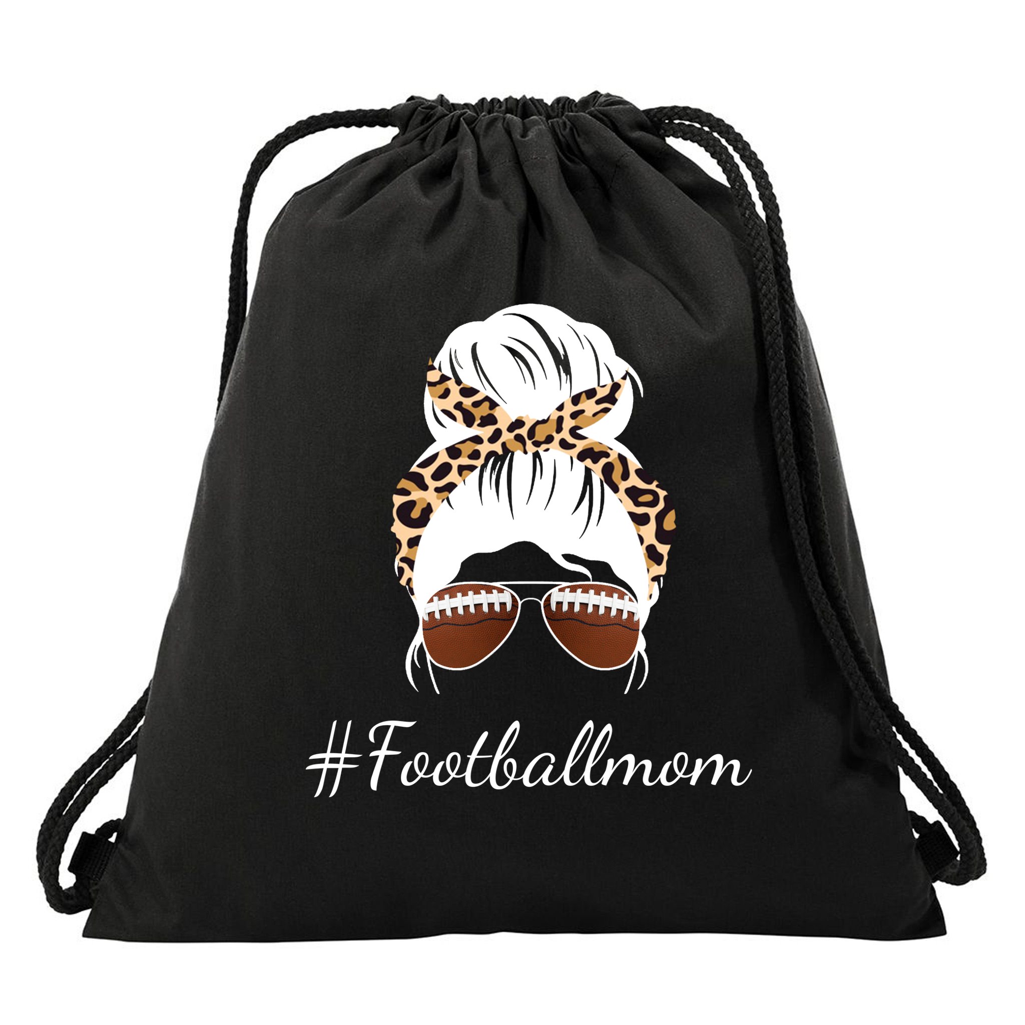 Football Mom Leopard And Messy Bun Drawstring Bag