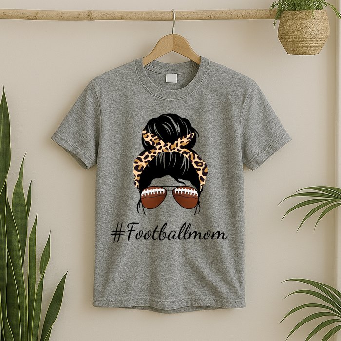 Football Mom Leopard And Messy Bun T-Shirt