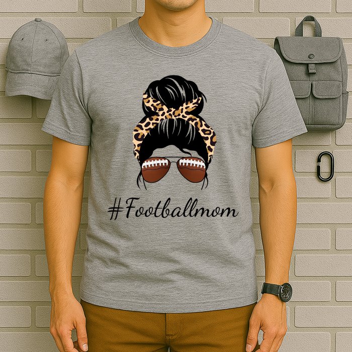 Football Mom Leopard And Messy Bun T-Shirt