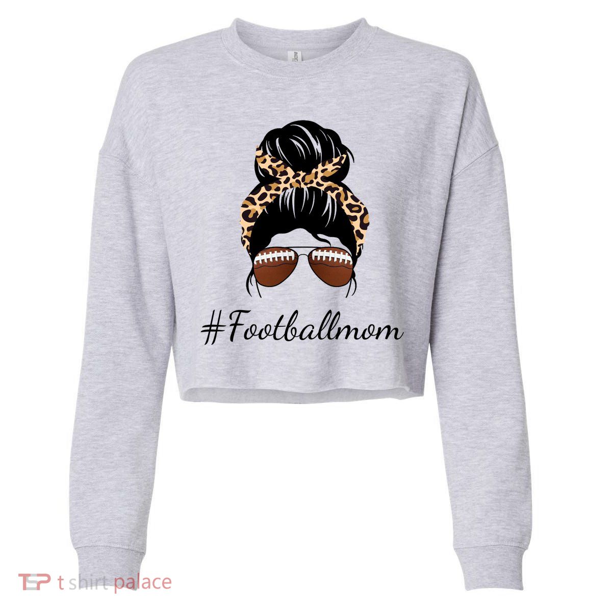 Football Mom Leopard And Messy Bun Cropped Pullover Crew