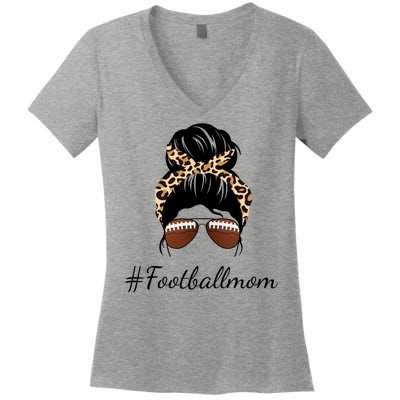 Football Mom Leopard And Messy Bun Women's V-Neck T-Shirt