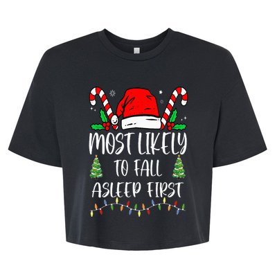 Funny Most Likely To Fall Asleep First Xmas Family Bella+Canvas Jersey Crop Tee