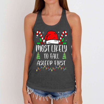 Funny Most Likely To Fall Asleep First Xmas Family Women's Knotted Racerback Tank