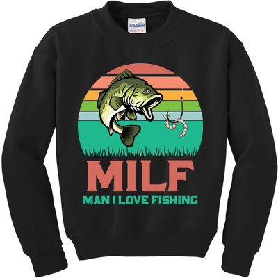 Funny MILF Man I Love Fishing Vintage Milf Fishing Shirt Fisherman Shirt Kids Sweatshirt